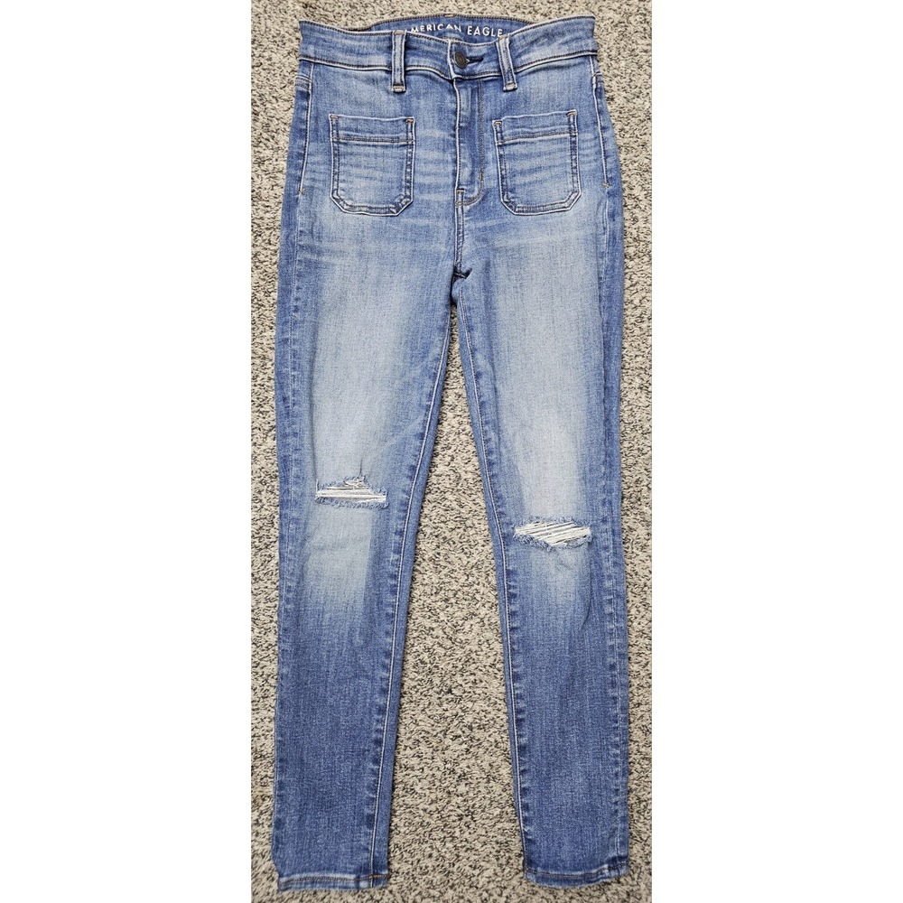 American Eagle Women's Size 0 Blue Super High Rise Crop Distressed Stretch